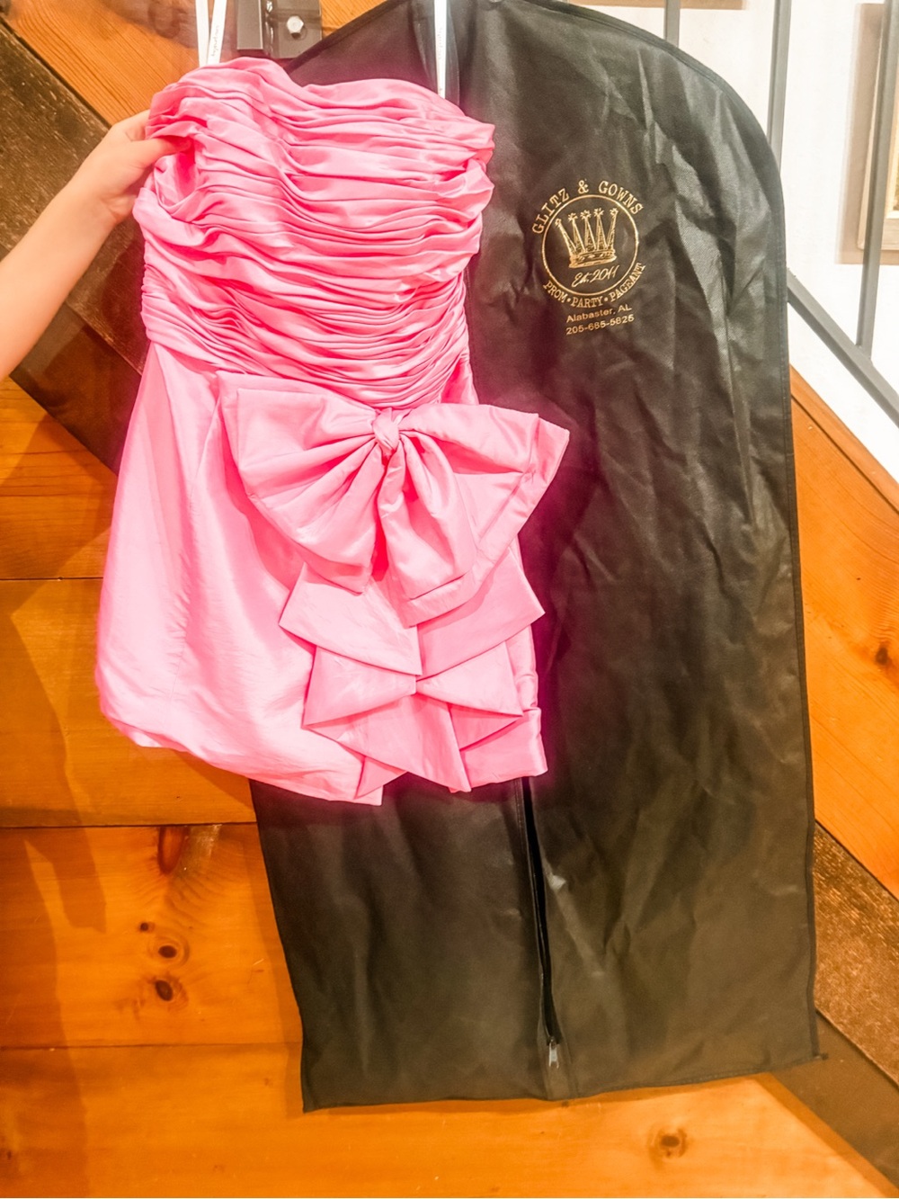 Strapless Pink Ruffled Prom Dress with Bow